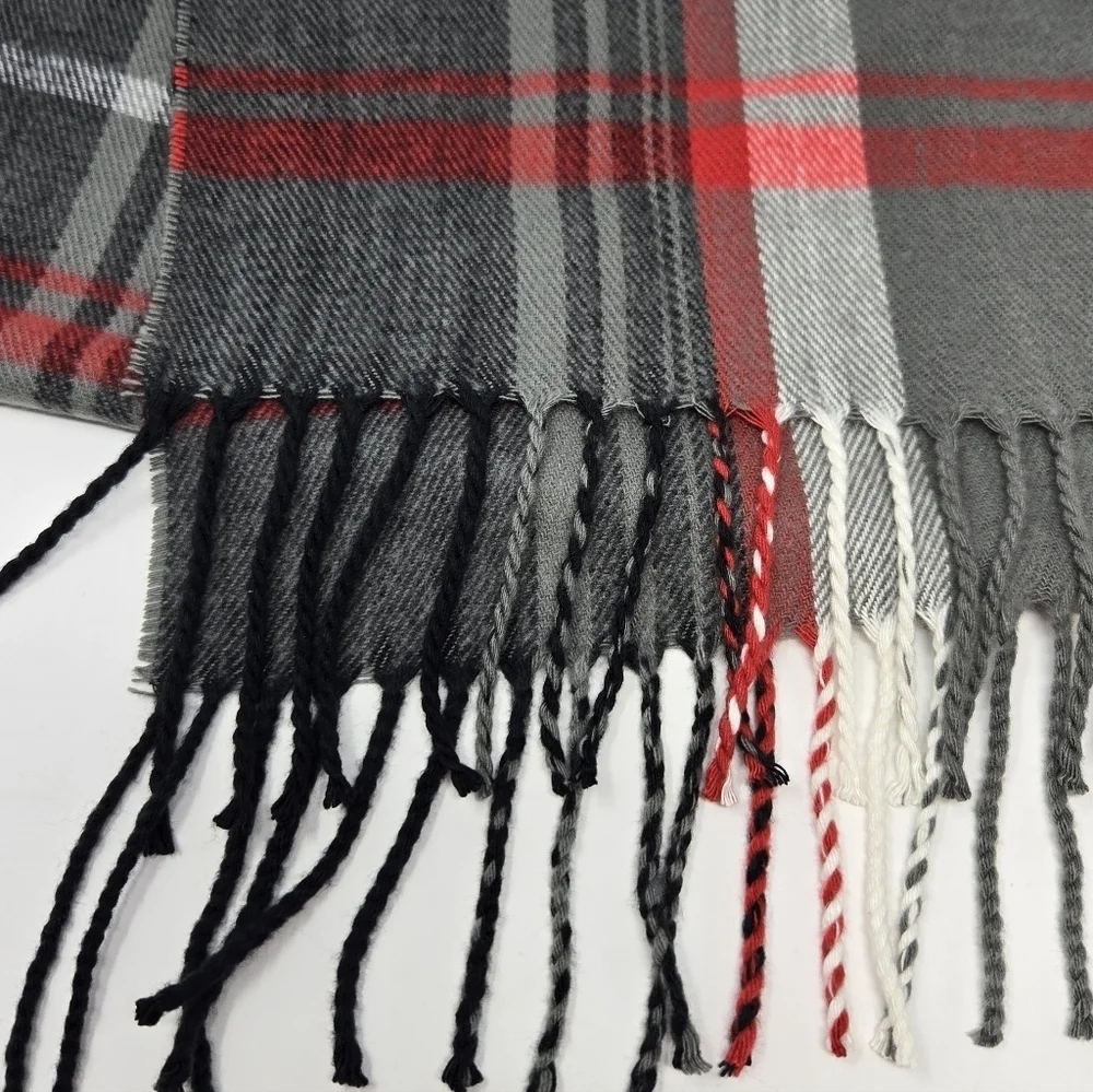 100% CASHMERE GREY RED BLACK PLAID LONG SCARF FRINGE ENDS UNISEX OS GERMANY LUX